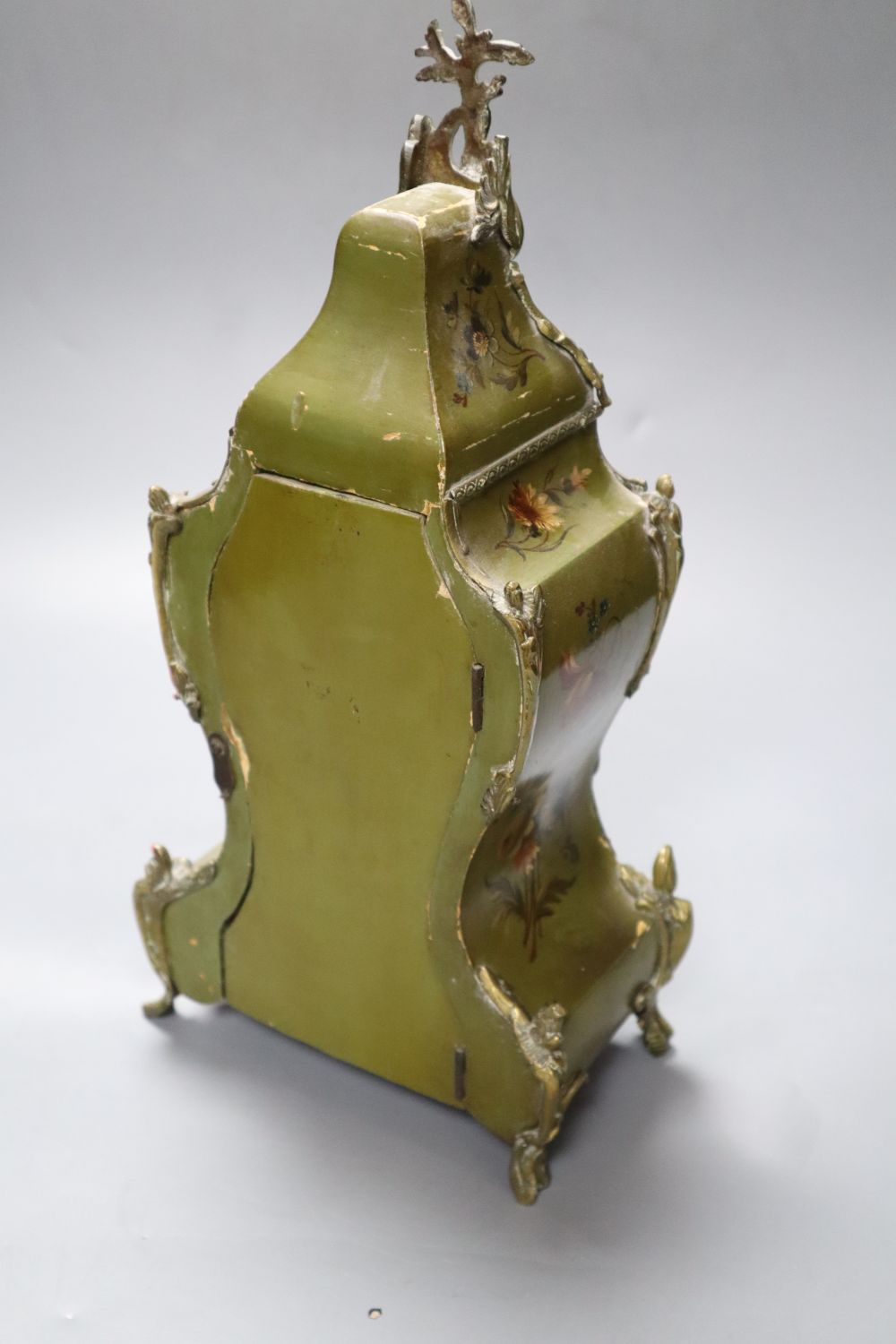 A Vernis Martin style mantel clock, with ormolu mounts, Japy Freres gong-striking movement, height 36cm